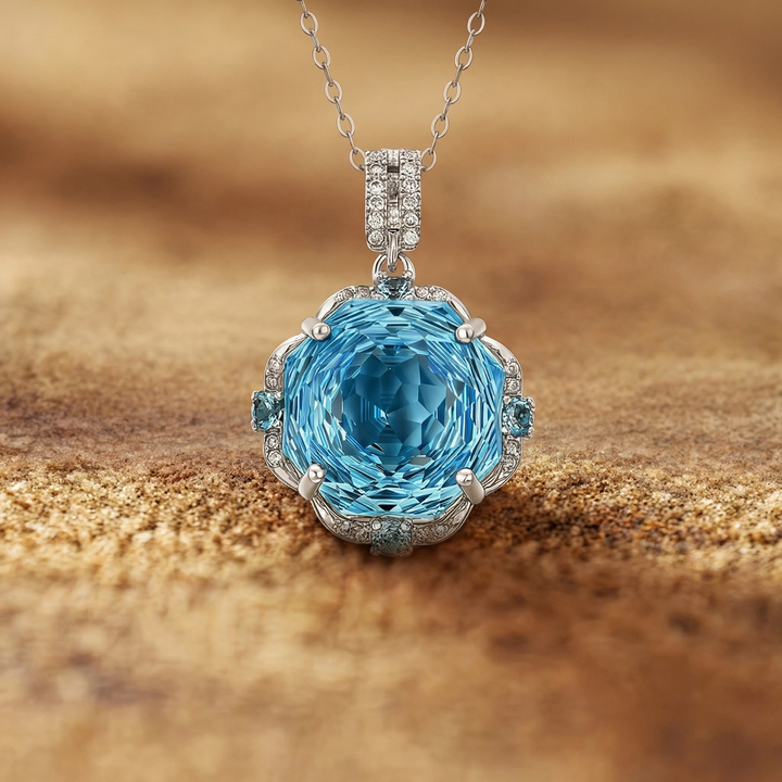 Blue Ocean Blossom – Natural Topaz Rose Necklace