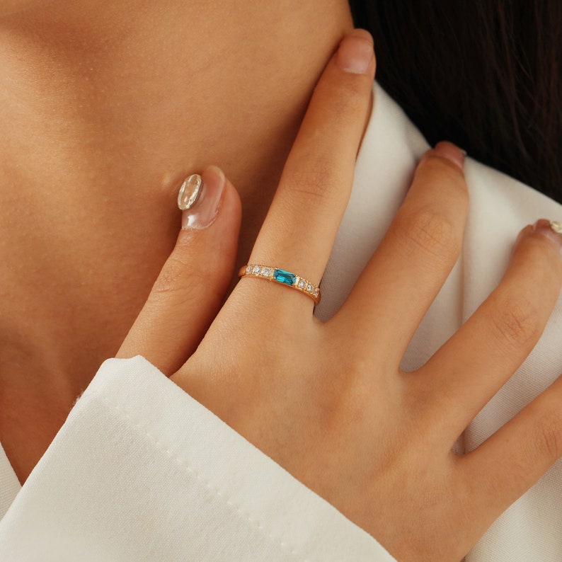 Lovecriana Dainty Baguette Birthstone Ring, Minimalist Mother Grandma Ring Gift