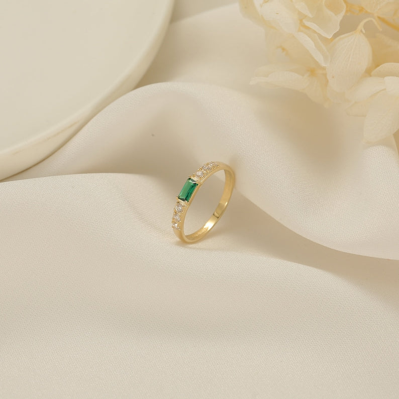 Lovecriana Dainty Baguette Birthstone Ring, Minimalist Mother Grandma Ring Gift