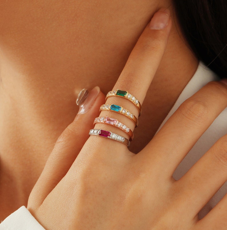 Lovecriana Dainty Baguette Birthstone Ring, Minimalist Mother Grandma Ring Gift