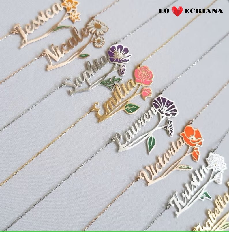 Lovecriana Personalized Birth Flower Necklace Custom Name Necklace