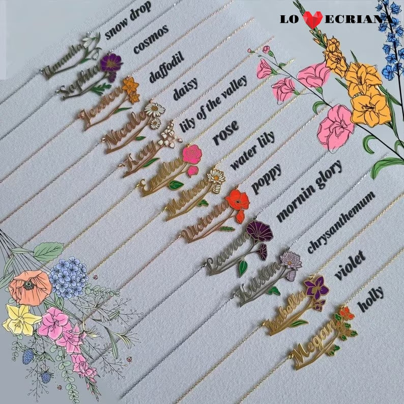 Lovecriana Personalized Birth Flower Necklace Custom Name Necklace