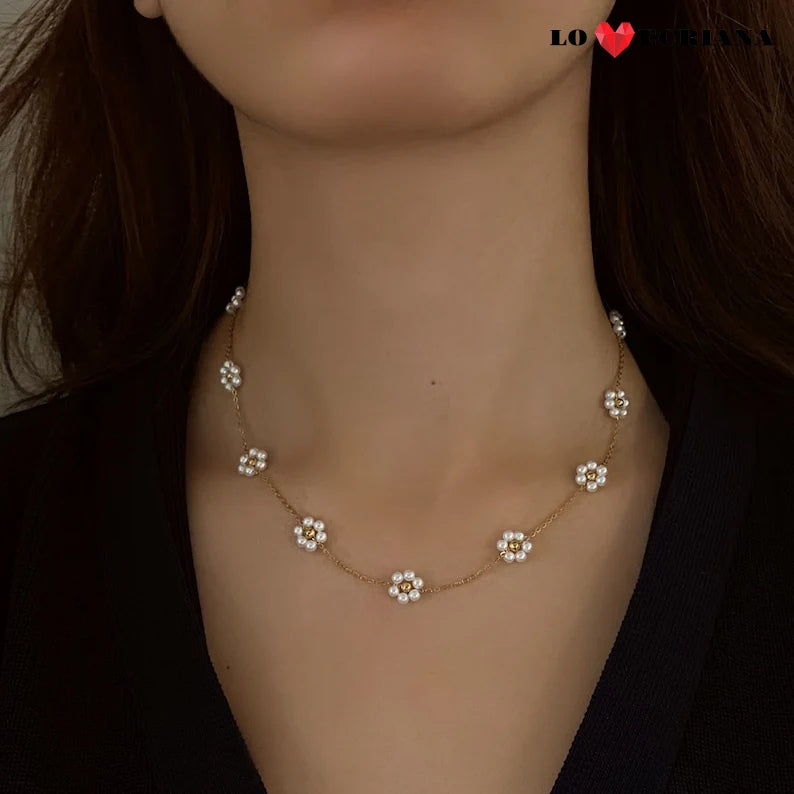 18K Gold Plated Flower Charm Necklace, Pearl Choker Necklace, Pearl Daisy Necklace