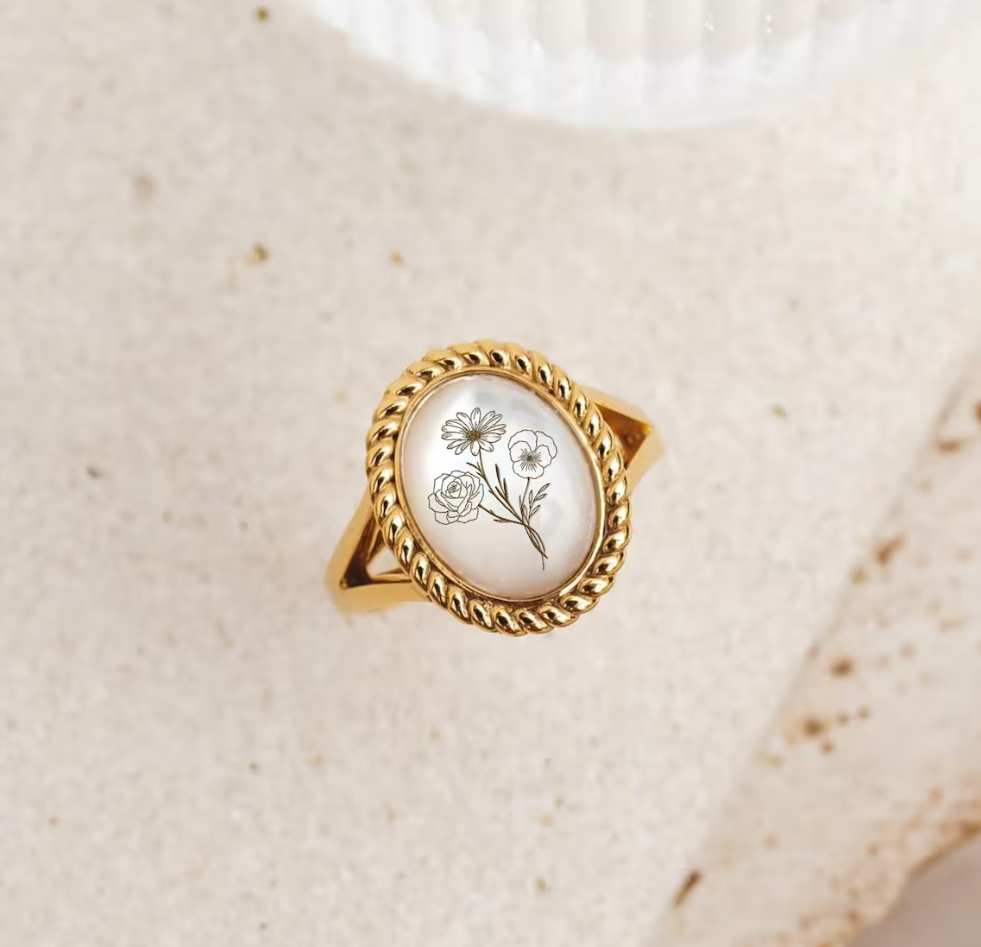 Lovecriana Personalized Birth Flower Ring, Birth Month Ring