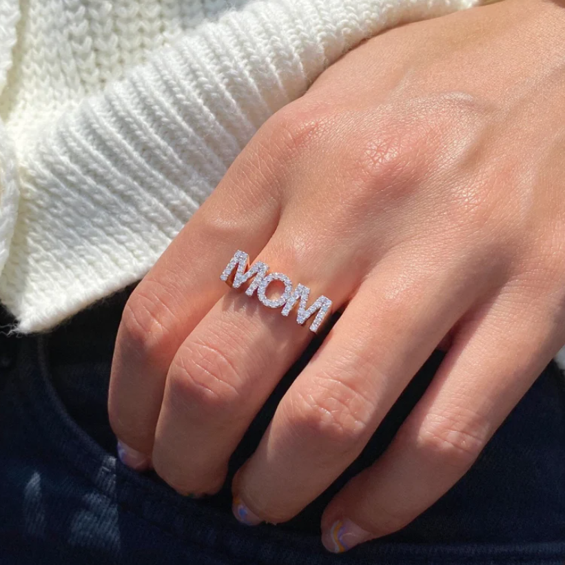 Lovecriana Dainty Diamond Mom Ring, Minimalist Mum Ring