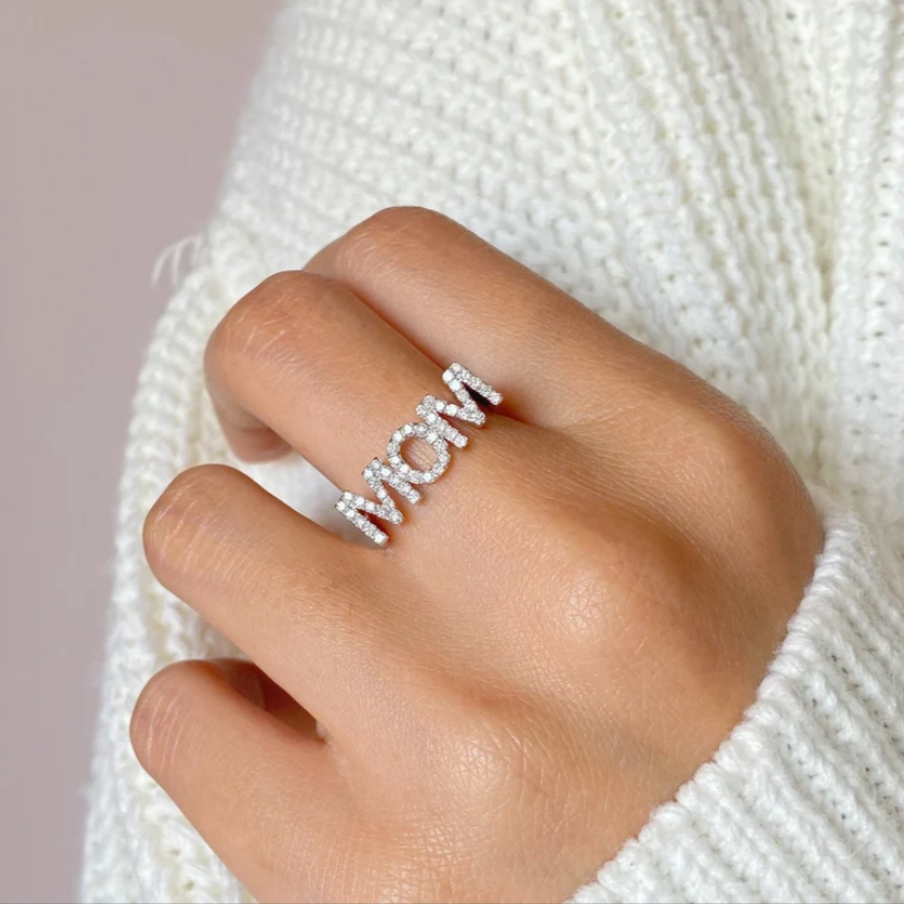 Lovecriana Dainty Diamond Mom Ring, Minimalist Mum Ring