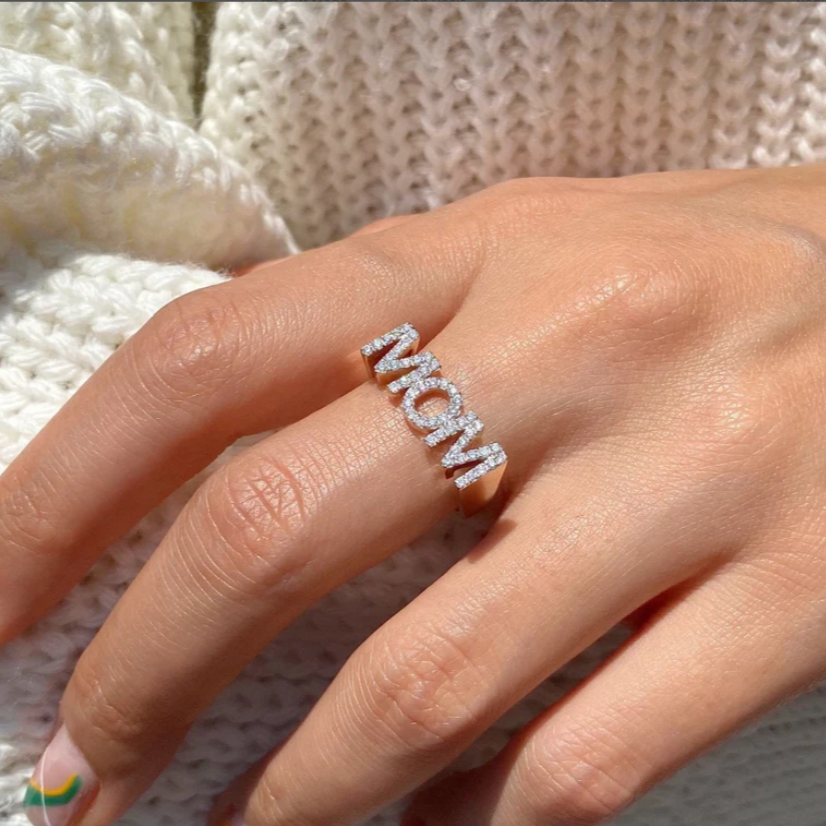 Lovecriana Dainty Diamond Mom Ring, Minimalist Mum Ring