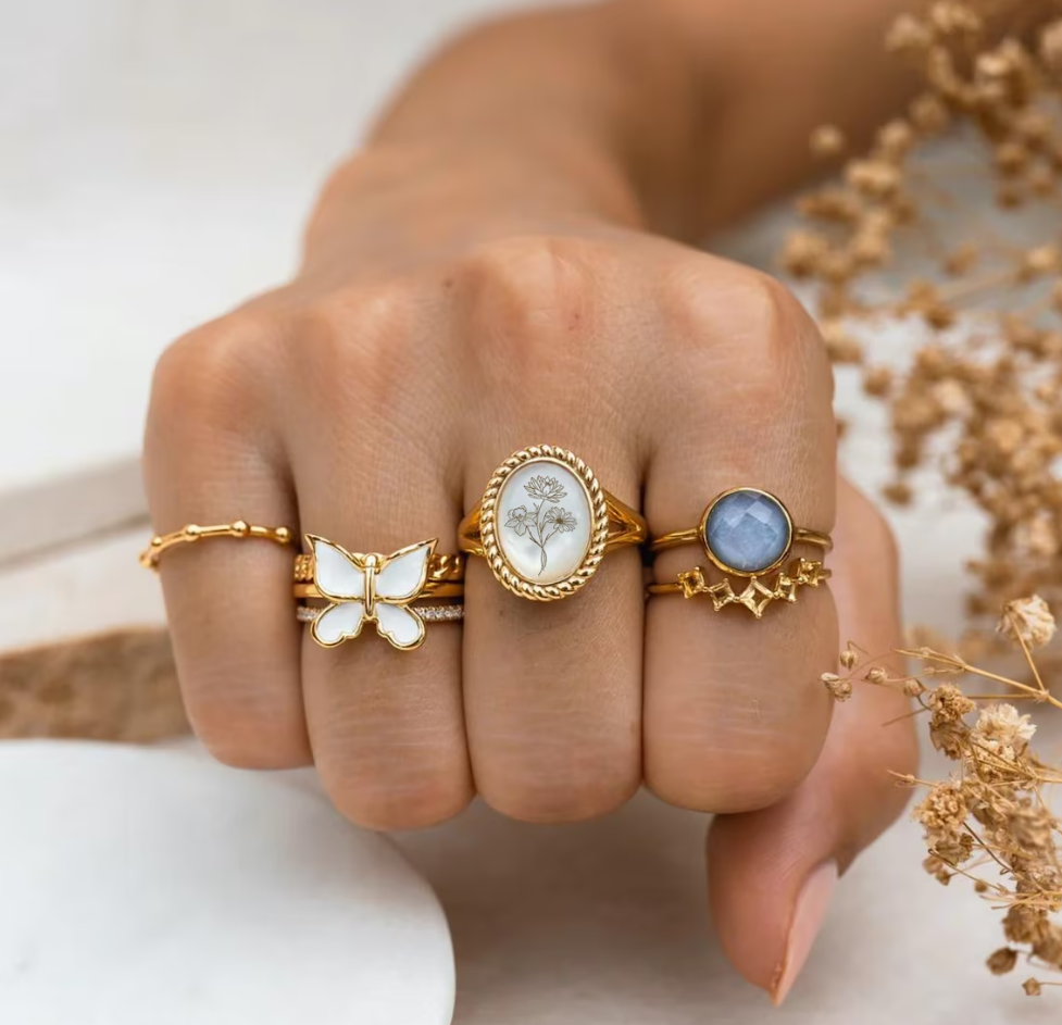 Lovecriana Personalized Birth Flower Ring, Birth Month Ring