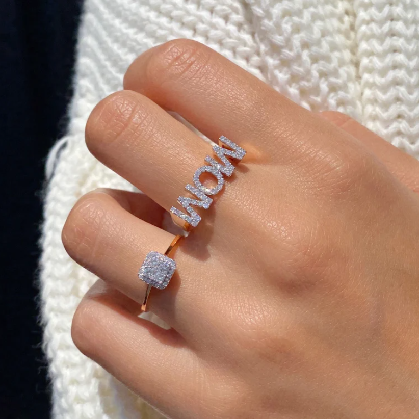 Lovecriana Dainty Diamond Mom Ring, Minimalist Mum Ring