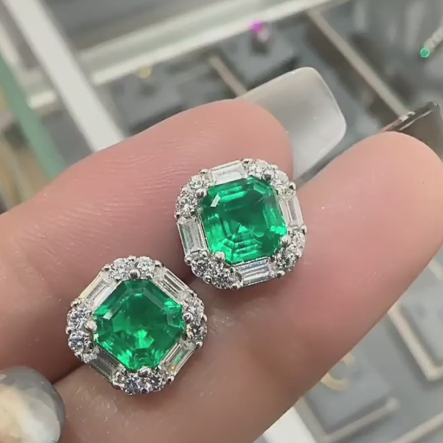 Square-cut emerald halo earrings
