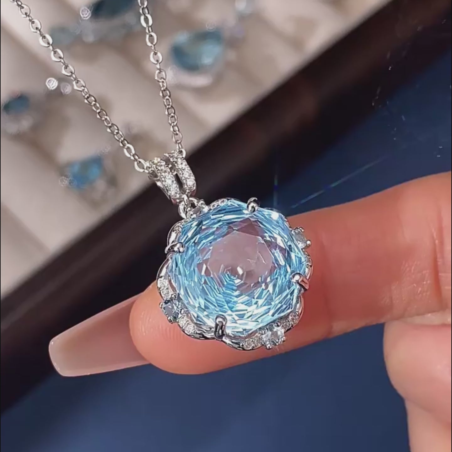 Blue Ocean Blossom – Natural Topaz Rose Necklace