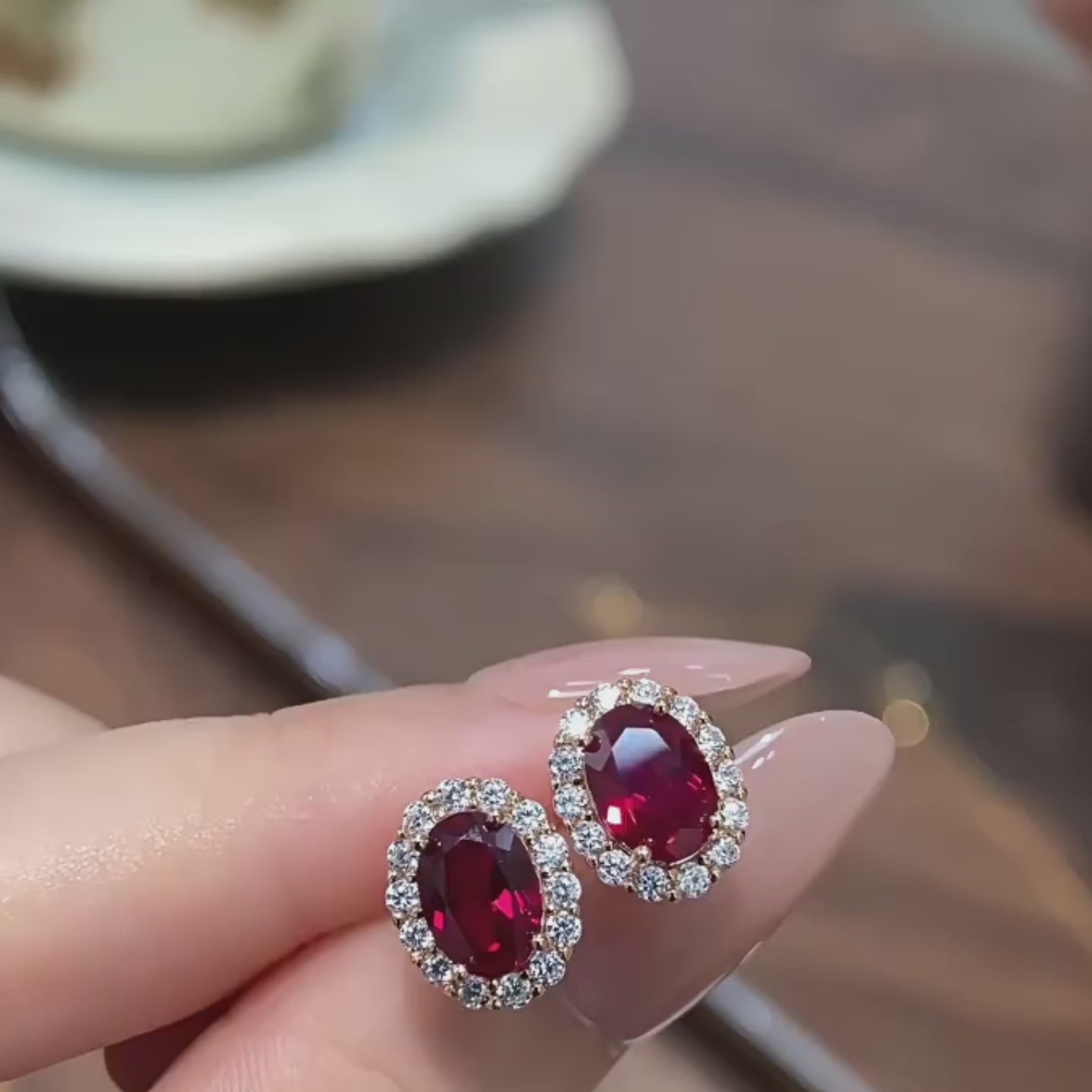Royal Red Oval Halo Stud Earrings